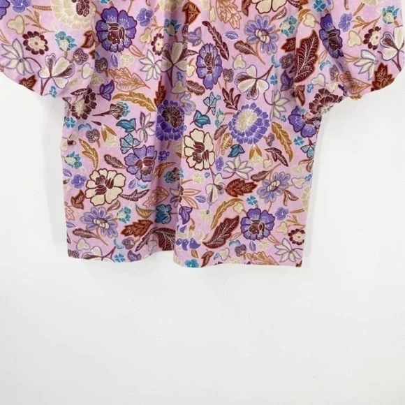 Ann Taylor Purple & Pink Batik Floral Tie Nape Puff Sleeve Blouse - Picture 4 of 11